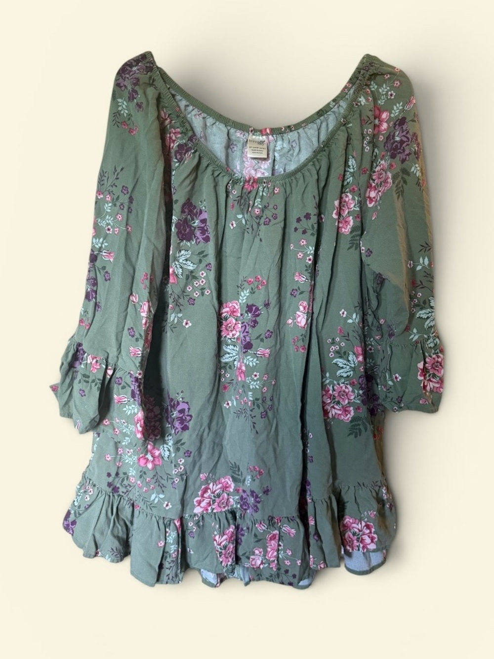 Terra & Sky Sage Green Floral Peasant Blouse